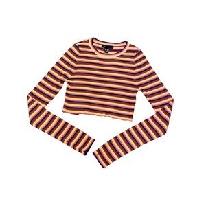 New Look Striped Long Sleeve Crop Top Shirt Women's Size 4 Pink Blue Yellow